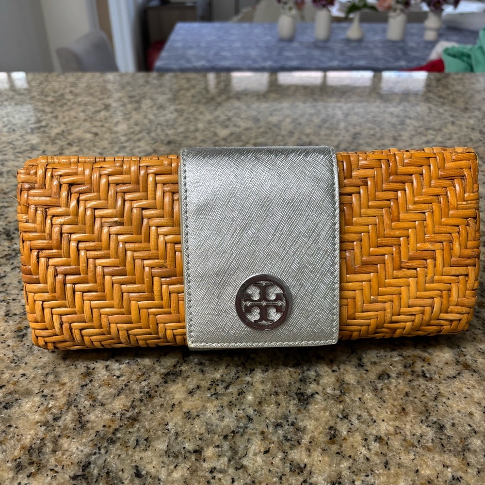 Tory Burch Woven Tan and Silver Clutch